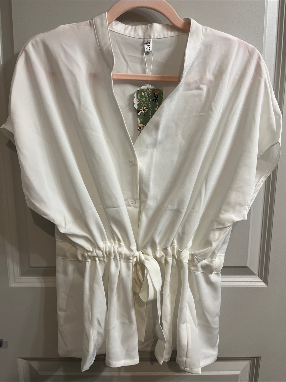 Relaxed V-Neck Drawstring Blouse — White